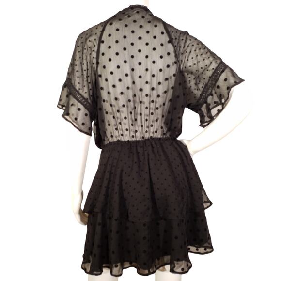 Zara Black Polka Dot Tiered Dress | Size Medium | Sheer V-Neck Overlay - Picture 3 of 4